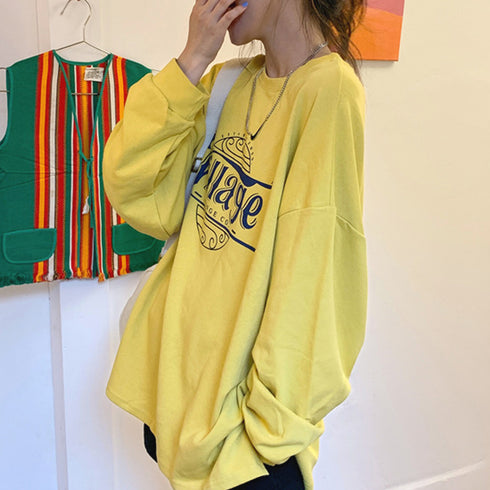 ロゴTシャツ レディース 長袖 韓国 トップス ロング丈 トレーナー オーバーサイズ ゆったり 体型カバー オルチャン カジュアル おしゃれ 英字ロゴ 99YYH-034
