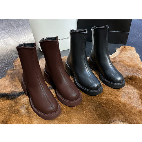 ショートブーツ 太ヒール レディース 韓国風 厚底 ブーツ フルジップ 合皮ブーツ 歩きやすい 靴 疲れにくい 通勤ブーティ カジュアル 秋冬 ワークブーツ 99YYXC-011