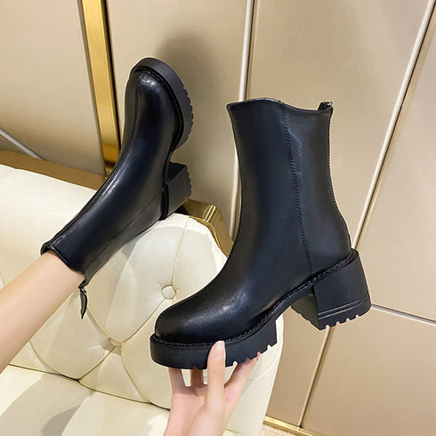 ショートブーツ 太ヒール レディース 韓国風 厚底 ブーツ フルジップ 合皮ブーツ 歩きやすい 靴 疲れにくい 通勤ブーティ カジュアル 秋冬 ワークブーツ 99YYXC-011