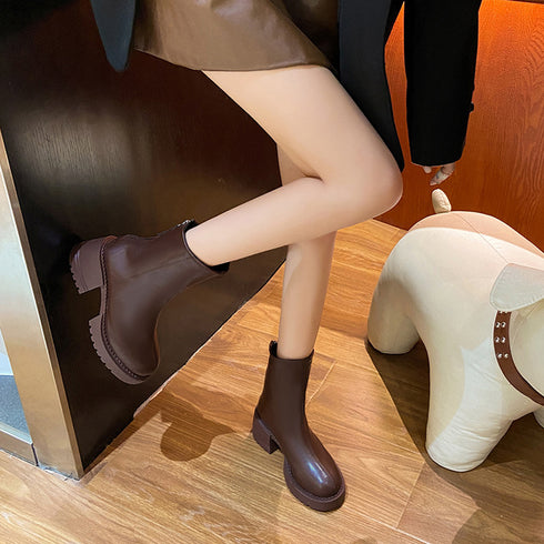 ショートブーツ 太ヒール レディース 韓国風 厚底 ブーツ フルジップ 合皮ブーツ 歩きやすい 靴 疲れにくい 通勤ブーティ カジュアル 秋冬 ワークブーツ 99YYXC-011