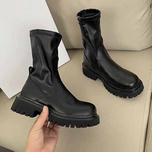 ショートブーツ 厚底 レディース靴 韓国 ストレッチ ミドルブーツ サイドジップ 歩きやすい 秋冬 カジュアル 疲れにくい シューズ お洒落 ワークブーツ 99YYXC-013