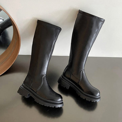 ロングブーツ 厚底ブーツ レディース韓国 ニーハイブーツ 膝下 ジョッキーブーツ バックジップ厚底 PUブーツ 太ヒール 靴 履きやすい 秋冬人気新作 くつ 99YYXC-014