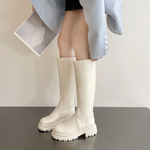 ロングブーツ 厚底ブーツ レディース韓国 ニーハイブーツ 膝下 ジョッキーブーツ バックジップ厚底 PUブーツ 太ヒール 靴 履きやすい 秋冬人気新作 くつ 99YYXC-014