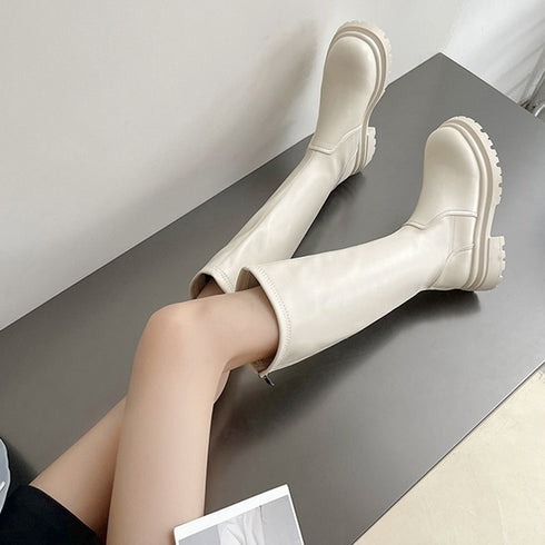 ロングブーツ 厚底ブーツ レディース韓国 ニーハイブーツ 膝下 ジョッキーブーツ バックジップ厚底 PUブーツ 太ヒール 靴 履きやすい 秋冬人気新作 くつ 99YYXC-014