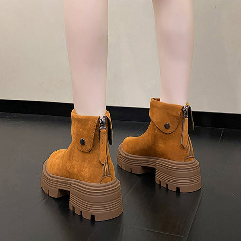 ショートブーツ 厚底 バックジップ 韓国 レディースブーツ ワークブーツ ファスナー付き スエード調ブーツ 履きやすい靴 秋冬 歩きやすい 美脚 カジュアルくつ 99YYXC-015