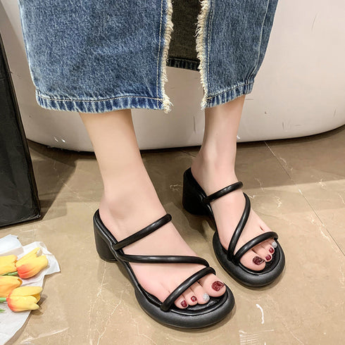 ミュールサンダル ヒールサンダル 韓国夏 レディース サマー ストラップサンダル 美脚 太ヒール おしゃれ 通勤 歩きやすい きれいめ 大人 リゾートデート靴 99YYXC-020