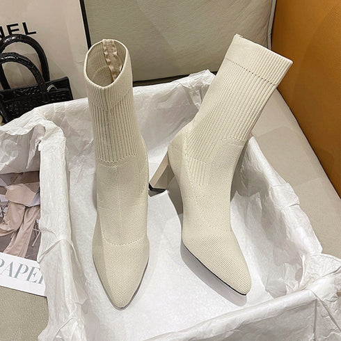 ショートブーツ レディース ミドルヒール 美脚ブーツ ブーティ チャンキーヒール シンプル 無地 ポインテッドトゥ 秋冬 履きやすい ショート丈 靴 おしゃれ 99YYXC-028