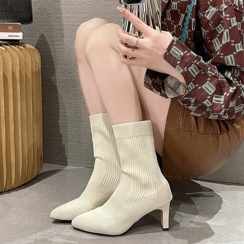 ショートブーツ レディース ミドルヒール 美脚ブーツ ブーティ チャンキーヒール シンプル 無地 ポインテッドトゥ 秋冬 履きやすい ショート丈 靴 おしゃれ 99YYXC-028