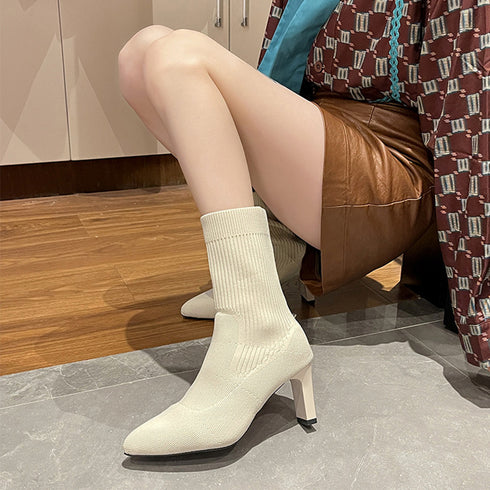 ショートブーツ レディース ミドルヒール 美脚ブーツ ブーティ チャンキーヒール シンプル 無地 ポインテッドトゥ 秋冬 履きやすい ショート丈 靴 おしゃれ 99YYXC-028