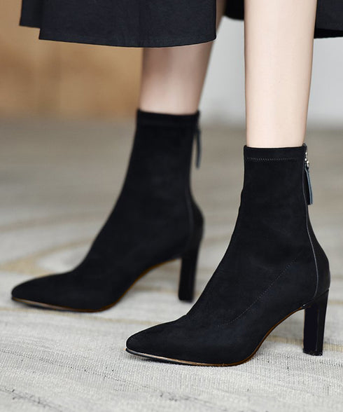 ショートブーツ レディース 暖かい裏起毛 ポインテッドトゥ 美脚ブーツ ブーティ チャンキーヒール シンプル 無地 秋冬 履きやすい ショート丈 軽量靴 おしゃれ 99YYXC-029