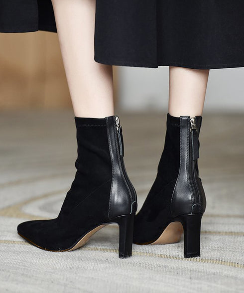 ショートブーツ レディース 暖かい裏起毛 ポインテッドトゥ 美脚ブーツ ブーティ チャンキーヒール シンプル 無地 秋冬 履きやすい ショート丈 軽量靴 おしゃれ 99YYXC-029