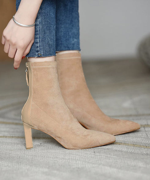 ショートブーツ レディース 暖かい裏起毛 ポインテッドトゥ 美脚ブーツ ブーティ チャンキーヒール シンプル 無地 秋冬 履きやすい ショート丈 軽量靴 おしゃれ 99YYXC-029