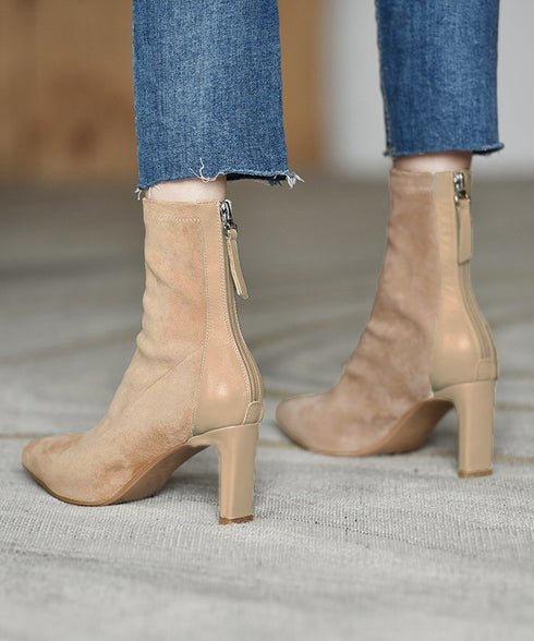 ショートブーツ レディース 暖かい裏起毛 ポインテッドトゥ 美脚ブーツ ブーティ チャンキーヒール シンプル 無地 秋冬 履きやすい ショート丈 軽量靴 おしゃれ 99YYXC-029