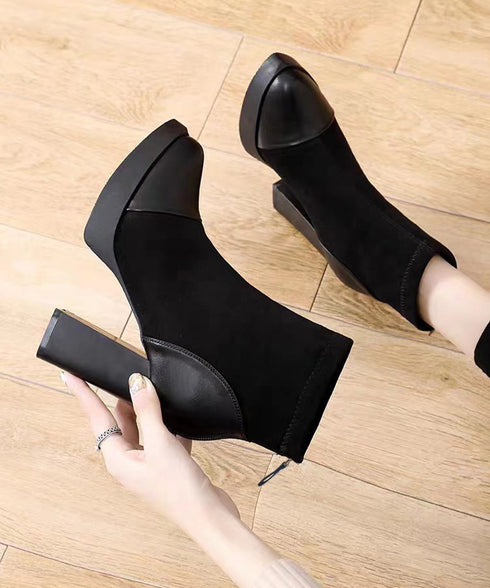 ショートブーツ 太ヒールブーティ 美脚靴 レディース ポインテッドトゥ 裏微起毛ブーツ スエード PU 歩きやすい 脚長 通勤 OLおしゃれ シンプル 痛くない 99YYXC-030