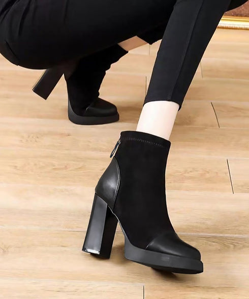 ショートブーツ 太ヒールブーティ 美脚靴 レディース ポインテッドトゥ 裏微起毛ブーツ スエード PU 歩きやすい 脚長 通勤 OLおしゃれ シンプル 痛くない 99YYXC-030