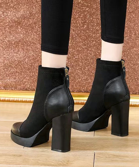 ショートブーツ 太ヒールブーティ 美脚靴 レディース ポインテッドトゥ 裏微起毛ブーツ スエード PU 歩きやすい 脚長 通勤 OLおしゃれ シンプル 痛くない 99YYXC-030