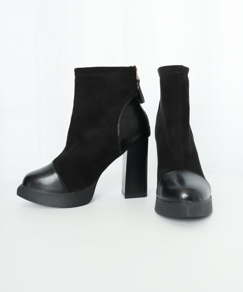 ショートブーツ 太ヒールブーティ 美脚靴 レディース ポインテッドトゥ 裏微起毛ブーツ スエード PU 歩きやすい 脚長 通勤 OLおしゃれ シンプル 痛くない 99YYXC-030