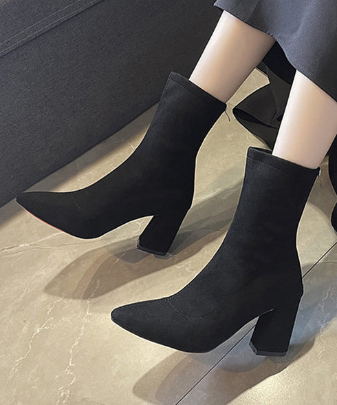 ショートブーツ レディース スエード ブーティ ポインテッドトゥ 太ヒール 無地 美脚 通勤 OL 韓国 きれい 大人 おしゃれ シンプル 痛くない 99YYXC-031