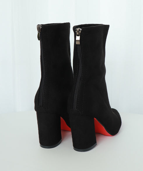 ショートブーツ レディース スエード ブーティ ポインテッドトゥ 太ヒール 無地 美脚 通勤 OL 韓国 きれい 大人 おしゃれ シンプル 痛くない 99YYXC-031