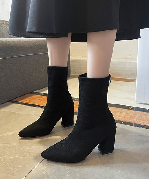 ショートブーツ レディース スエード ブーティ ポインテッドトゥ 太ヒール 無地 美脚 通勤 OL 韓国 きれい 大人 おしゃれ シンプル 痛くない 99YYXC-031