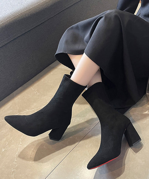 ショートブーツ レディース スエード ブーティ ポインテッドトゥ 太ヒール 無地 美脚 通勤 OL 韓国 きれい 大人 おしゃれ シンプル 痛くない 99YYXC-031