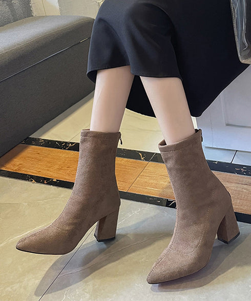 ショートブーツ レディース スエード ブーティ ポインテッドトゥ 太ヒール 無地 美脚 通勤 OL 韓国 きれい 大人 おしゃれ シンプル 痛くない 99YYXC-031
