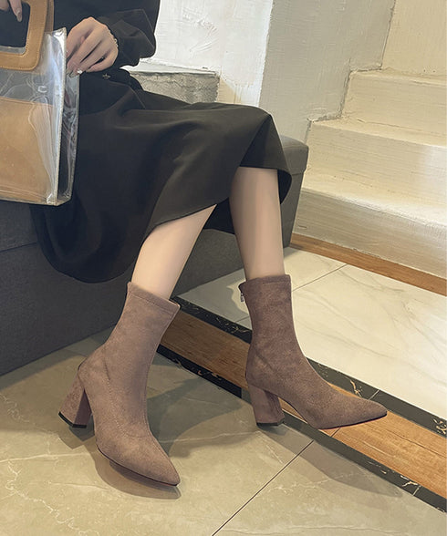 ショートブーツ レディース スエード ブーティ ポインテッドトゥ 太ヒール 無地 美脚 通勤 OL 韓国 きれい 大人 おしゃれ シンプル 痛くない 99YYXC-031