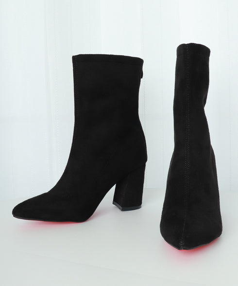 ショートブーツ レディース スエード ブーティ ポインテッドトゥ 太ヒール 無地 美脚 通勤 OL 韓国 きれい 大人 おしゃれ シンプル 痛くない 99YYXC-031