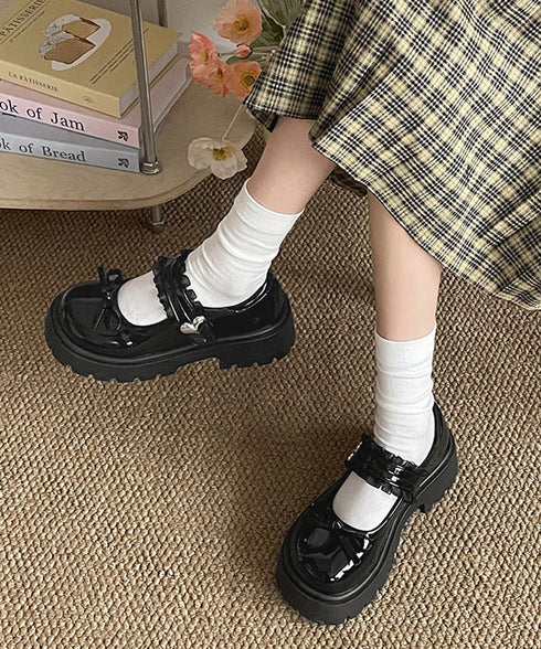 厚底ローファー メリージェーンシューズ レディース ハート リボン付き レザー調 ストラップ ボリュームソール 疲れない 太ヒール歩きやすい クラシック通勤通学 99YYXC-059
