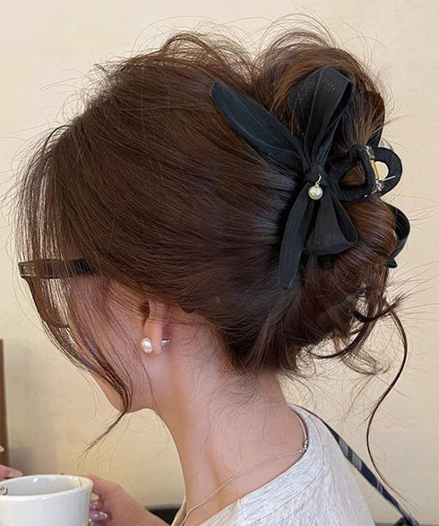 リボンヘアクリップ パール飾りレディース バンスクリップ 大人 可愛い ヘアアレンジ 簡単 髪留め まとめ髪 オルチャン お洒落 結婚式 発表会 女子会 99ZJSP-001