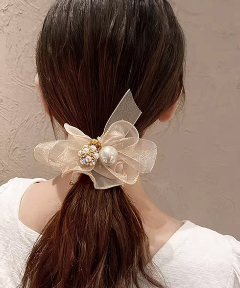 シュシュ リボン パール ヘアゴム韓国風 レディース ヘアアクセサリー 光沢 おしゃれ まとめ髪 簡単ヘアアレンジ 大人可愛い 髪留め プチプラ人気 お団子ヘア 99ZYSP-004