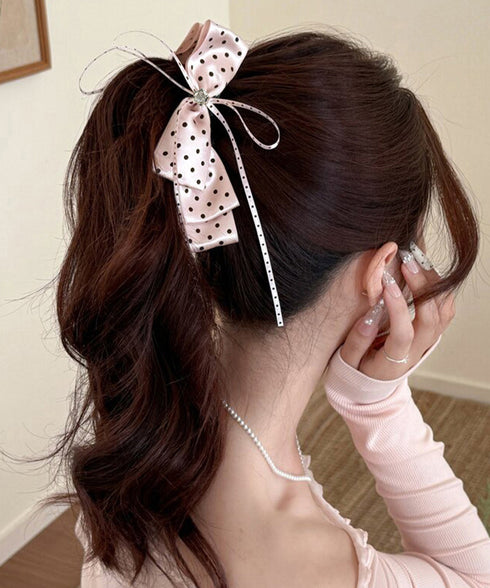 リボンヘアクリップ ドット柄 レディース バナナクリップ ヘアクリップ ヘアアクセサリー ヘアアレンジ 髪留め まとめ髪 おしゃれ 大人可愛い 女子会 99ZYSP-015