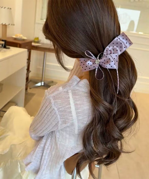 リボンヘアクリップ ドット柄 レディース バナナクリップ ヘアクリップ ヘアアクセサリー ヘアアレンジ 髪留め まとめ髪 おしゃれ 大人可愛い 女子会 99ZYSP-015