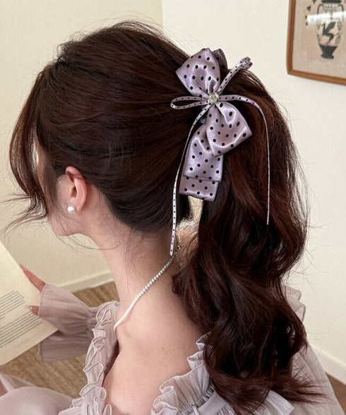 リボンヘアクリップ ドット柄 レディース バナナクリップ ヘアクリップ ヘアアクセサリー ヘアアレンジ 髪留め まとめ髪 おしゃれ 大人可愛い 女子会 99ZYSP-015
