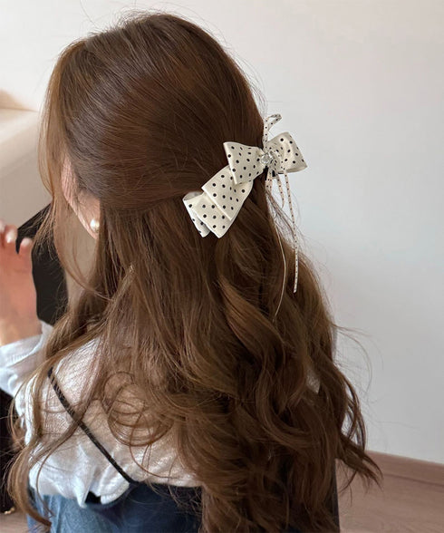 リボンヘアクリップ ドット柄 レディース バナナクリップ ヘアクリップ ヘアアクセサリー ヘアアレンジ 髪留め まとめ髪 おしゃれ 大人可愛い 女子会 99ZYSP-015