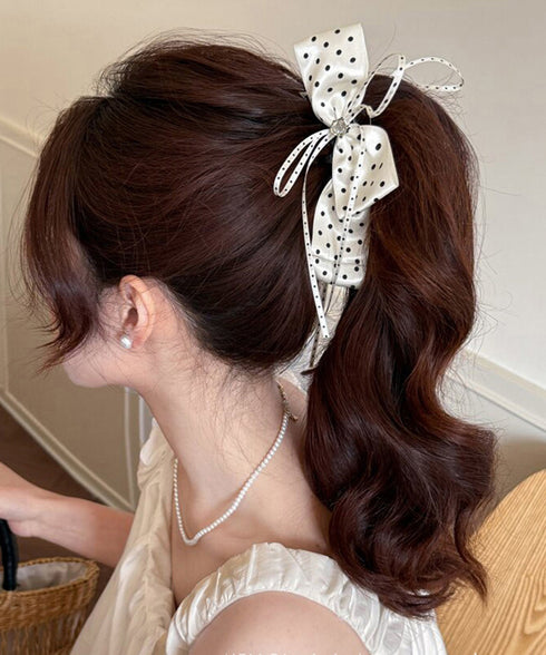 リボンヘアクリップ ドット柄 レディース バナナクリップ ヘアクリップ ヘアアクセサリー ヘアアレンジ 髪留め まとめ髪 おしゃれ 大人可愛い 女子会 99ZYSP-015