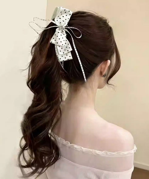 リボンヘアクリップ ドット柄 レディース バナナクリップ ヘアクリップ ヘアアクセサリー ヘアアレンジ 髪留め まとめ髪 おしゃれ 大人可愛い 女子会 99ZYSP-015