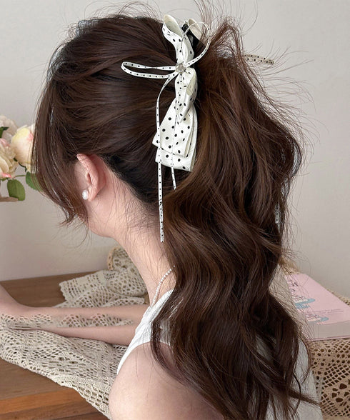 リボンヘアクリップ ドット柄 レディース バナナクリップ ヘアクリップ ヘアアクセサリー ヘアアレンジ 髪留め まとめ髪 おしゃれ 大人可愛い 女子会 99ZYSP-015