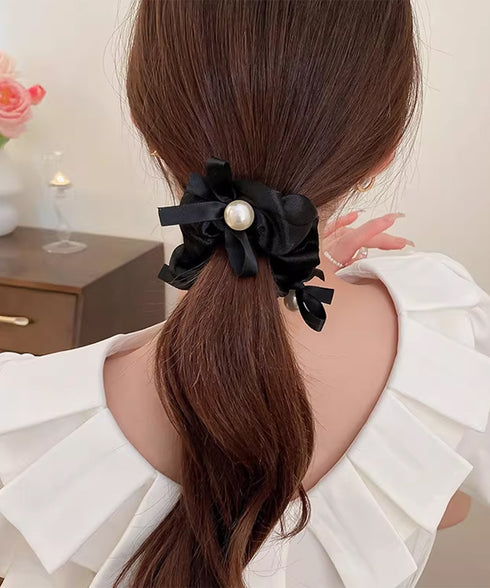 サテンヘアゴム パール付き シュシュ レディース まとめ髪 髪留め 簡単ヘアアレンジ 蝶結び リボン お団子 大人 可愛い おしゃれ 韓国ファッション 99ZYSP-020