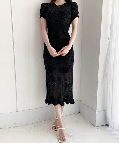 透かし編みニットワンピース2点セット韓国 レディース おしゃれ クロシェニット キャミワンピ付き サマーマーメイドワンピース 半袖 ラウンドネック 春夏 きれいめ AMBL-6001