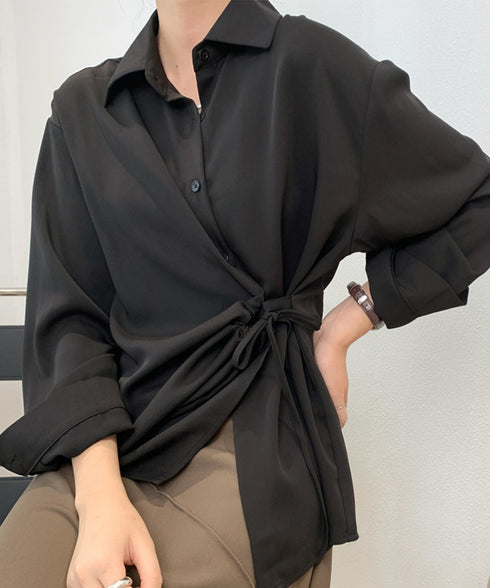 シャツブラウス レディース 不規則シャツ 長袖トップス ゆったり ロングシャツ 通勤 OL 白シャツ ウェストマーク 韓国 春夏 AMJZ-83001