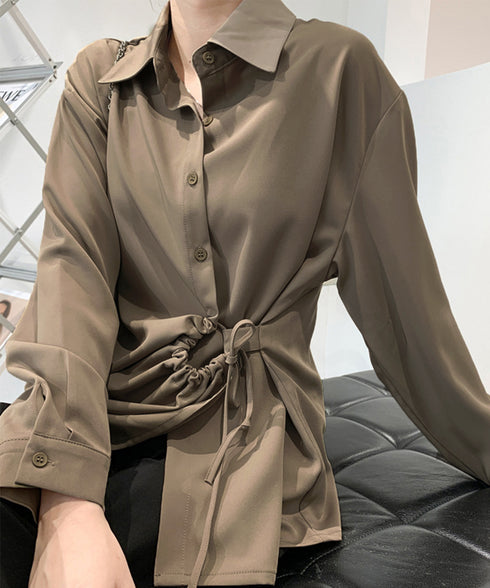 シャツブラウス レディース 不規則シャツ 長袖トップス ゆったり ロングシャツ 通勤 OL 白シャツ ウェストマーク 韓国 春夏 AMJZ-83001