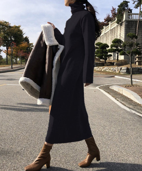タートルネックニットワンピース 韓国風 レディース ロングワンピース 着やせ ハイネックワンピース カジュアル aラインワンピース エレガントセーターワンピース AMVV-82001