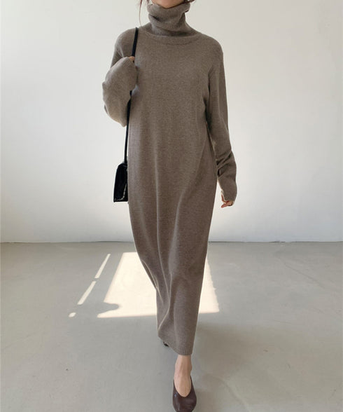 タートルネックニットワンピース 韓国風 レディース ロングワンピース 着やせ ハイネックワンピース カジュアル aラインワンピース エレガントセーターワンピース AMVV-82001
