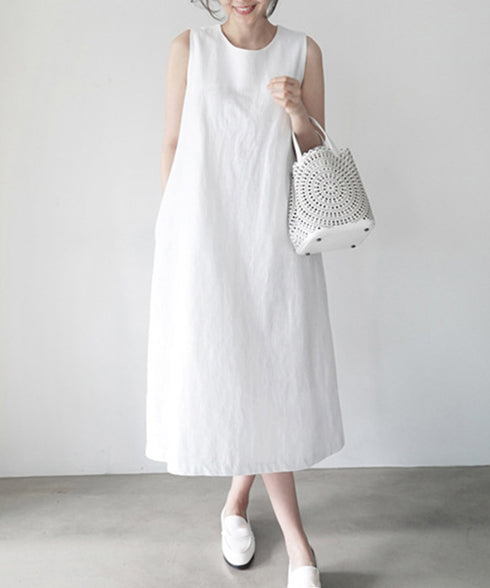 リネンワンピース ノースリーブ 韓国風夏 レディース ゆったり Aラインワンピース きれいめ 綿麻ワンピース ナチュラル タンクワンピース ロングワンピース着やせ AMYJ-6001