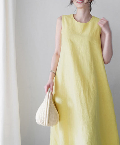 リネンワンピース ノースリーブ 韓国風夏 レディース ゆったり Aラインワンピース きれいめ 綿麻ワンピース ナチュラル タンクワンピース ロングワンピース着やせ AMYJ-6001