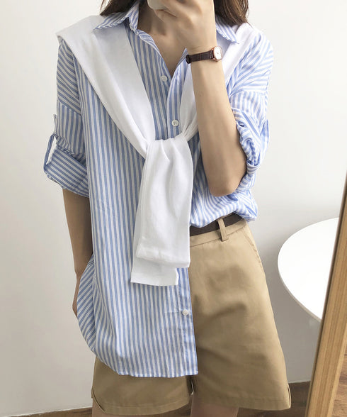 ブラウス ストライプ柄 レディース 春夏 ショール付 ゆったり 七分袖シャツ 体型カバー 着やせ おしゃれ 折り襟 トップス コットン AMYS-1005