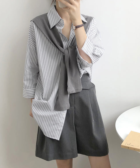 ブラウス ストライプ柄 レディース 春夏 ショール付 ゆったり 七分袖シャツ 体型カバー 着やせ おしゃれ 折り襟 トップス コットン AMYS-1005