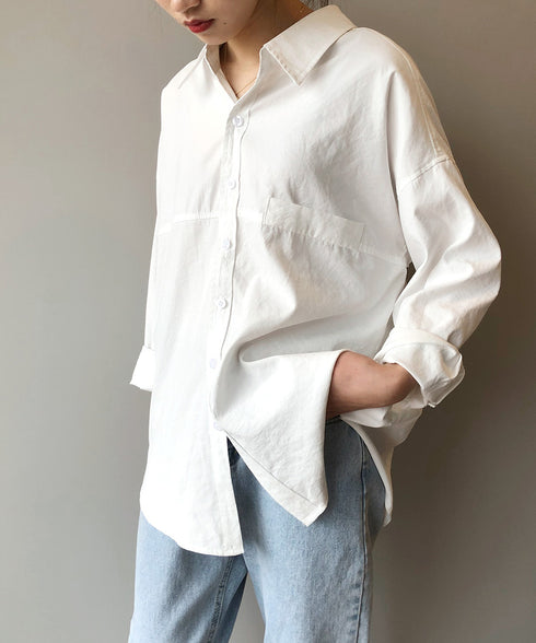 シャツブラウス レディース長袖トップス ロングシャツ ラウンドヘム 体型カバー 前ポケット カーディガン 無地 ブラウス 着やせ レトロ AMYS-1006