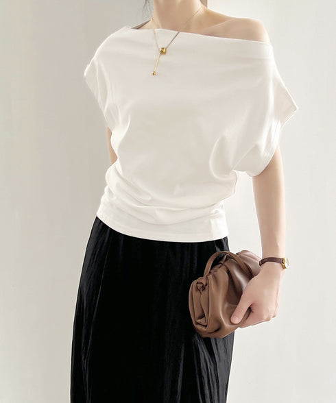 ワンショルダーカットソーギャザーTシャツ レディース オープンショルダー トップス ボードネック 薄手Tシャツ 肩出し プルオーバー オフィスカジュアル 夏服 白 AMYS-1068